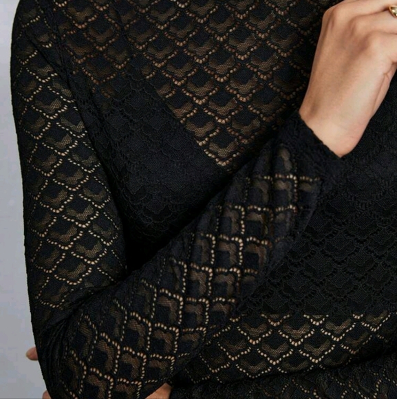 Women Black Hollow Out Lace Blouse, Elastic Crew Neck Ladies Long Sleeve Top - Picture 3 of 4